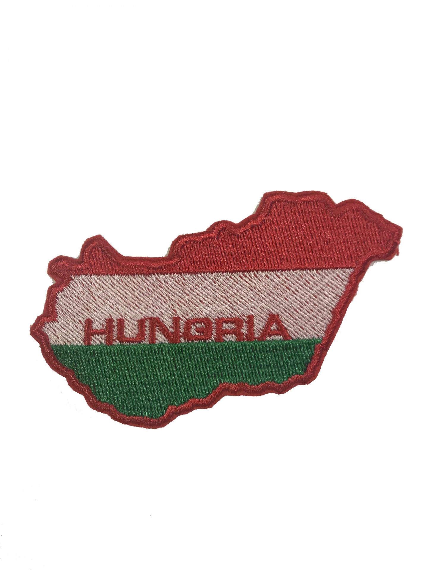 Emblema bordado mapa da Hungria com cores da bandeira e texto HUNGRIA