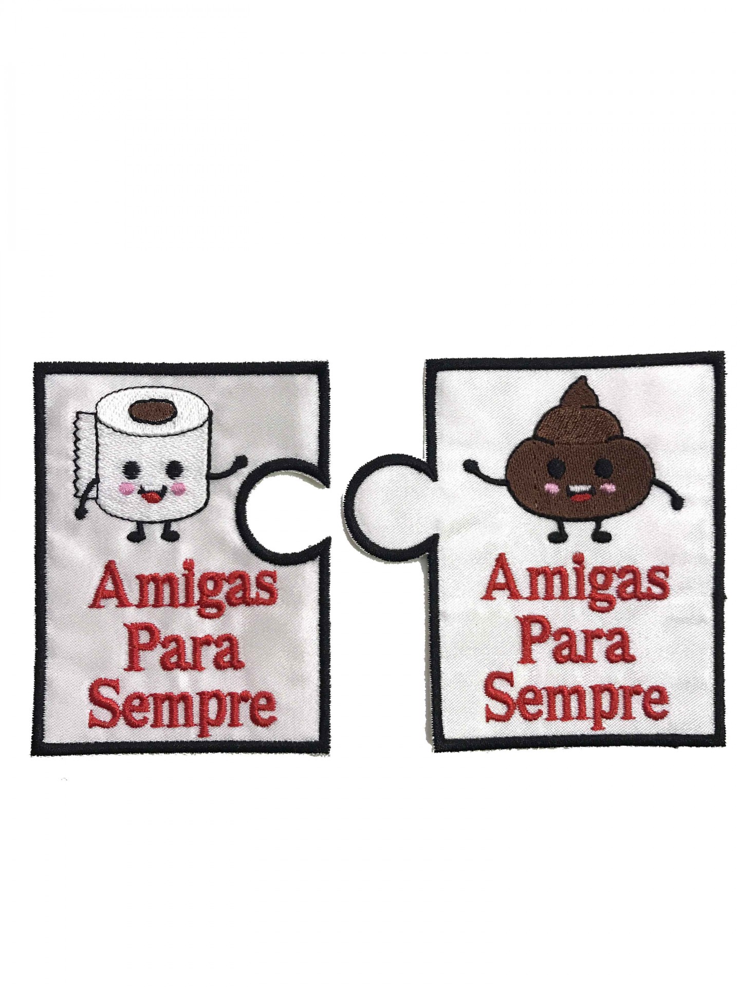 patches bordados em formato de peças de puzzle com papel higiénico e cocó e texto Amigas Para Sempre