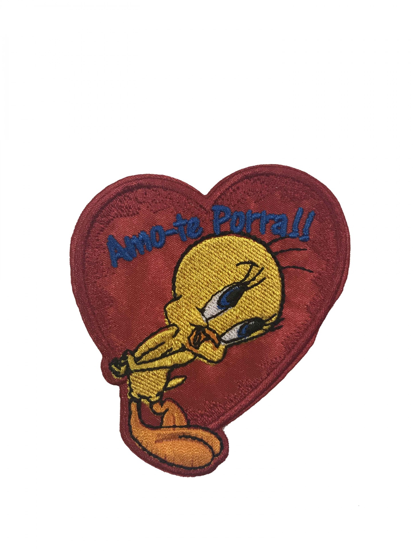 Patch bordado coração vermelho com Tweety amarela e texto 