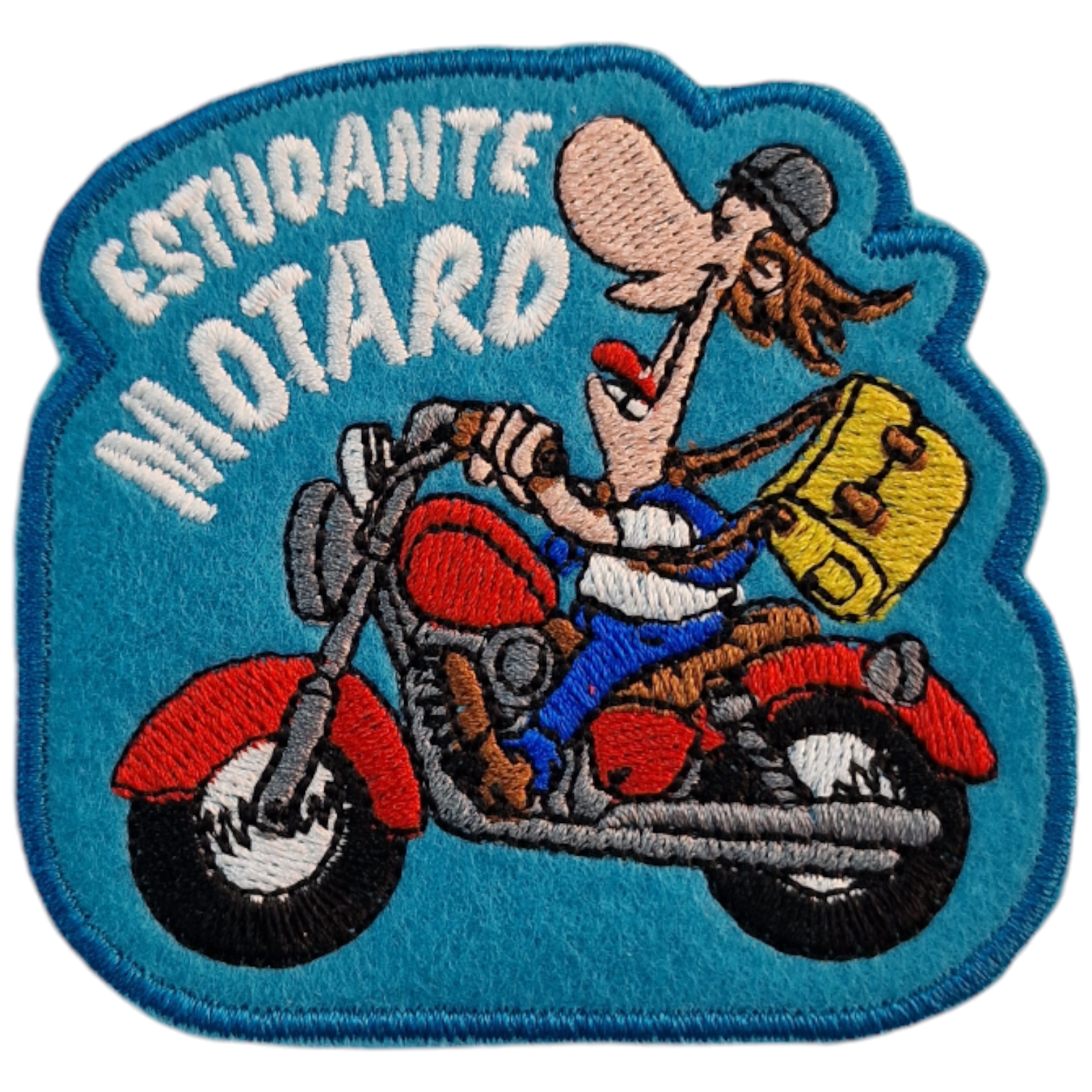 Patch bordado com personagem de desenho animado numa mota vermelha e texto ESTUDANTE MOTARD