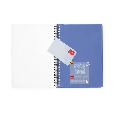 Caderno espiral azul com marcadores e etiquetas Leitz