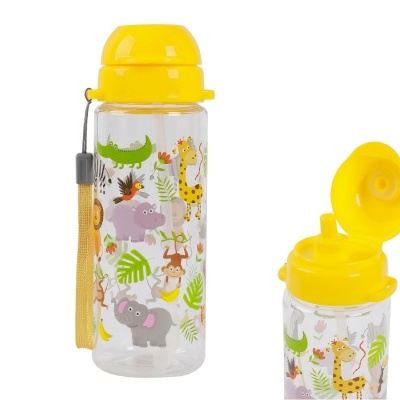 Garrafas de água infantis com tampa amarela e desenhos de animais da selva