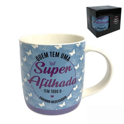 Caneca azul com borboletas brancas e texto para afilhada com caixa preta