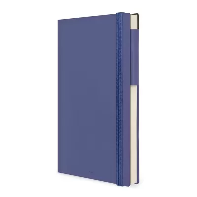 Caderno azul com elástico e suporte para caneta