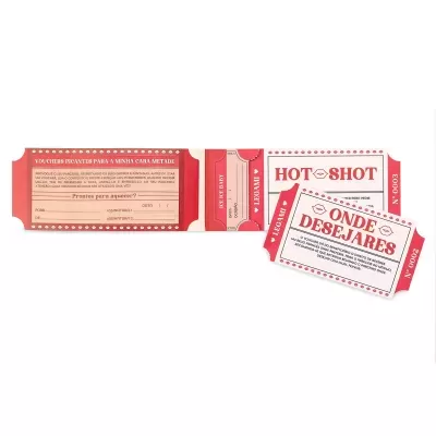 Vouchers vermelhos e brancos com texto em português sobre fundo branco