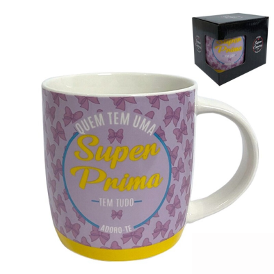 Caneca cerâmica com design laços rosa e texto Super Prima e caixa preta