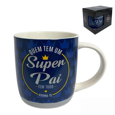 Caneca azul com frase para pai e embalagem preta.