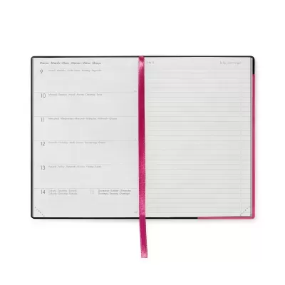 Agenda aberta com páginas de datas e notas, fita rosa e capa preta
