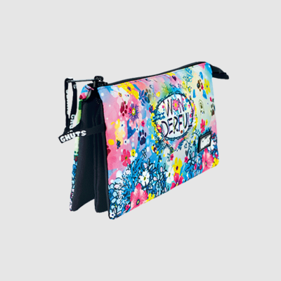 Carteira colorida com padrão floral e fecho