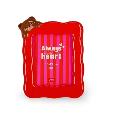 Porta-fotos vermelho com ursinho e texto Always in my heart
