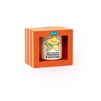 Caneca branca com estrela amarela e guitarra verde em caixa laranja