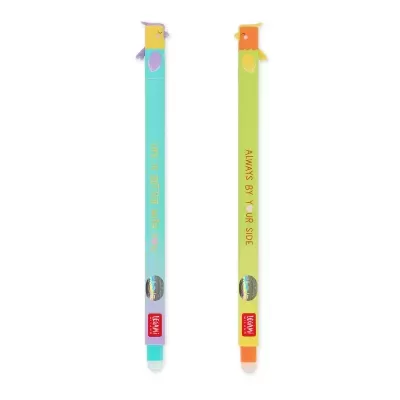 Dois marcadores de texto finos coloridos com tampas em forma de pássaros e texto decorativo.