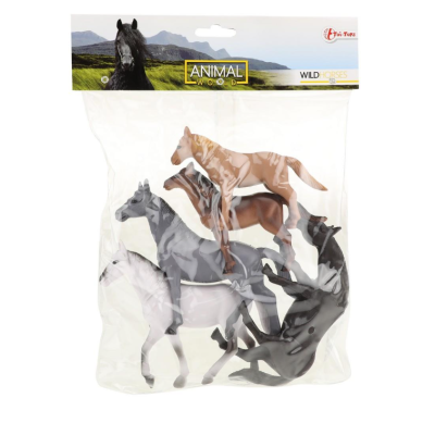 Conjunto de figuras de cavalos de plástico em embalagem