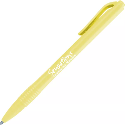 Caneta amarela com texto Sensations Yummy fruit Banana