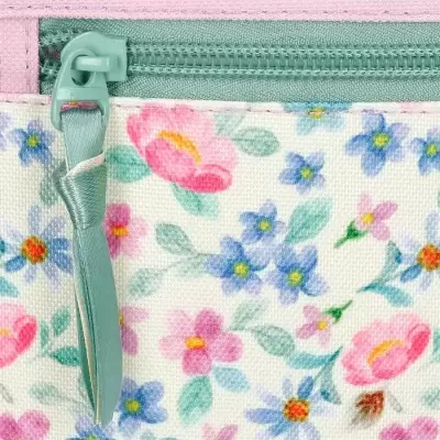 Bolsa ou carteira com padrão floral e zipper verde-azulado