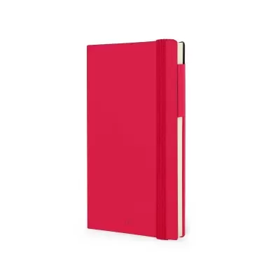 Caderno vermelho com elástico e caneta