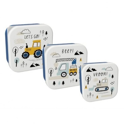 Conjunto de três caixas brancas com desenhos de veículos de construção e texto