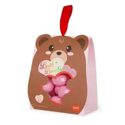 Embalagem rosa com desenho de urso castanho segurando bombas de banho cor-de-rosa