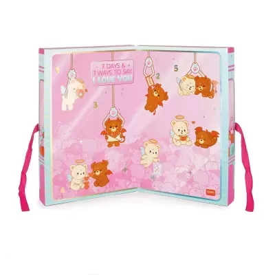 Caixa rosa com ilustração de ursos anjo e demónio e texto 7 DAYS & 7 WAYS TO SAY I LOVE YOU