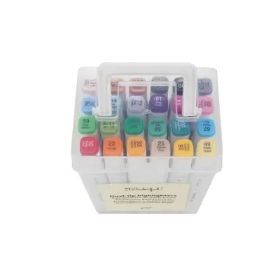 Conjunto de marcadores de várias cores em estojo transparente com alça