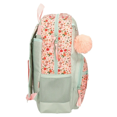 Mochila floral rosa com bolso lateral de rede e pompom cor-de-rosa.