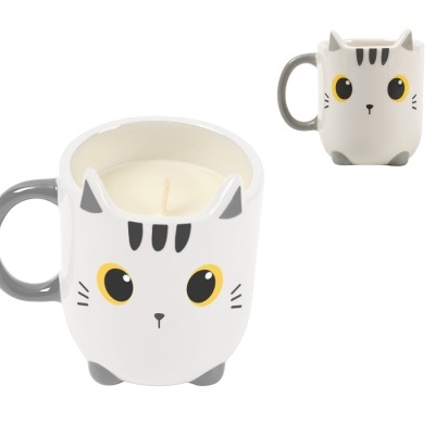 Vela cerâmica em caneca branca em forma de gato com detalhes cinzentos e olhos amarelos