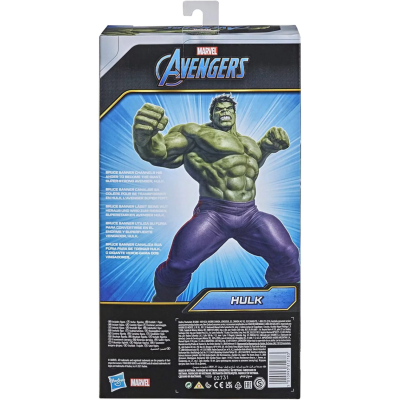 Embalagem traseira da figura Hulk Marvel Avengers com texto e design em azul e preto