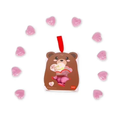 Bombas de banho rosa em forma de coração em caixa com design de urso castanho