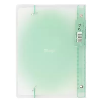 Pasta plástica semi-transparente verde com fecho elástico e barra lateral