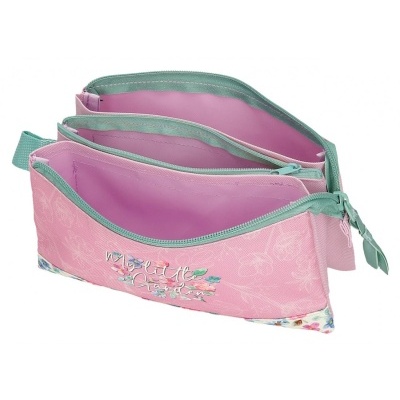 Estojo escolar rosa com fechos verde-água e texto bordado