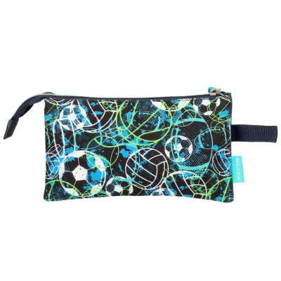 Estojo esportivo preto com padrão de bolas coloridas e fecho de correr.