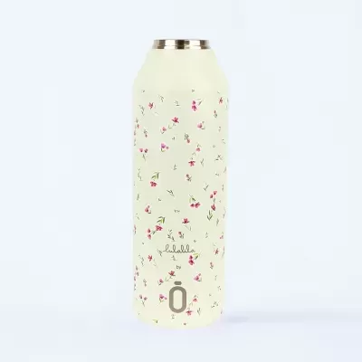 Garrafa térmica creme com padrão floral e texto impresso