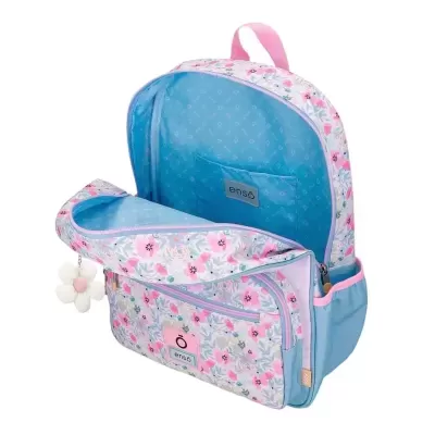 Mochila floral rosa e azul aberta com interior azul claro