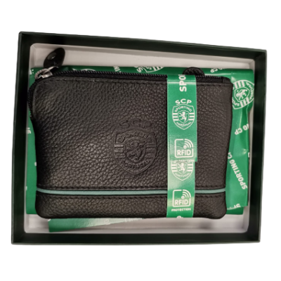 Porta Moedas em Bolsa Preta de Pele e Linha Verde ? SCP