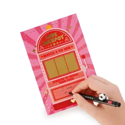 Cartão rosa vermelho máquina de jackpot com texto e mão a escrever com caneta panda