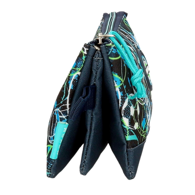 Carteira ou porta-moedas em tecido com padrão colorido vista de lado