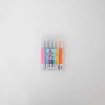 Conjunto de cinco marcadores coloridos em estojo com texto 'GET READY FOR SUCCESS!'