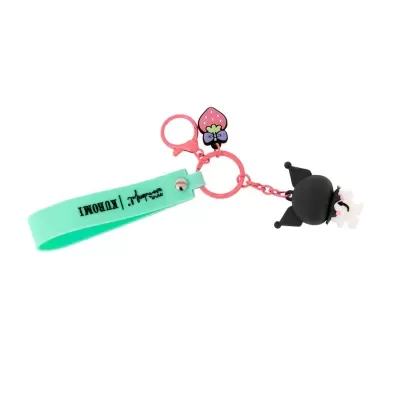 Porta-chaves com pendente preto e fita verde com texto em fundo branco