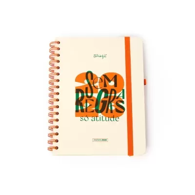 Agenda creme com argolas e elástico laranja e texto colorido