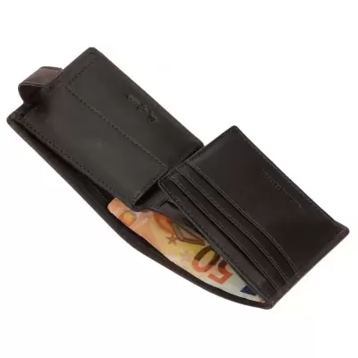 Carteira de couro preto com notas e ranhuras para cartões