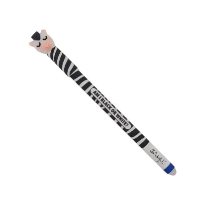 Caneta decorativa às riscas preto e branco com cabeça de gato no topo