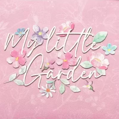 Texto decorativo My little Garden com flores coloridas em fundo rosa.