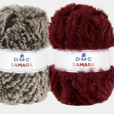 Dois novelos de fio felpudo DMC Samara em cinza e vinho escuro com etiquetas