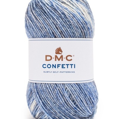 Novelo de lã azul e branco DMC Confetti cor 555 com etiqueta branca