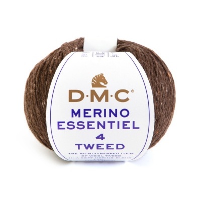 Novelo de lã castanha DMC Merino Essentiel 4 Tweed com etiqueta branca