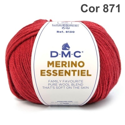 Novelo de lã merino vermelho com etiqueta branca e texto em azul e dourado