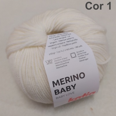 Novelo de lã branca Merino Baby com etiqueta detalhada