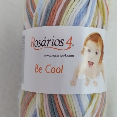 Novelo de lã multicolorida Rosários 4 Be Cool com etiqueta e imagem de bebé