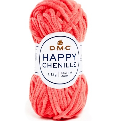 Novelo de fio de chenille cor de coral com etiqueta DMC