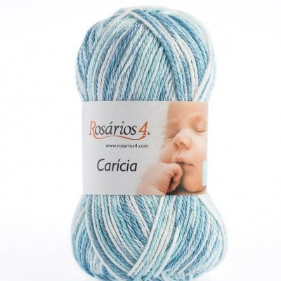 Novelo de lã azul, branco e cinza Rosários 4 Carícia com rótulo branco e imagem de bebé